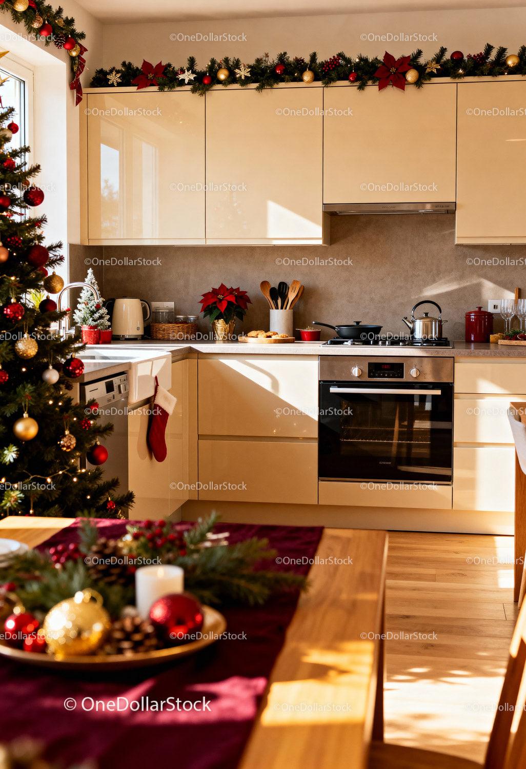 Cozy Christmas Kitchen with Festive Holiday Decorations