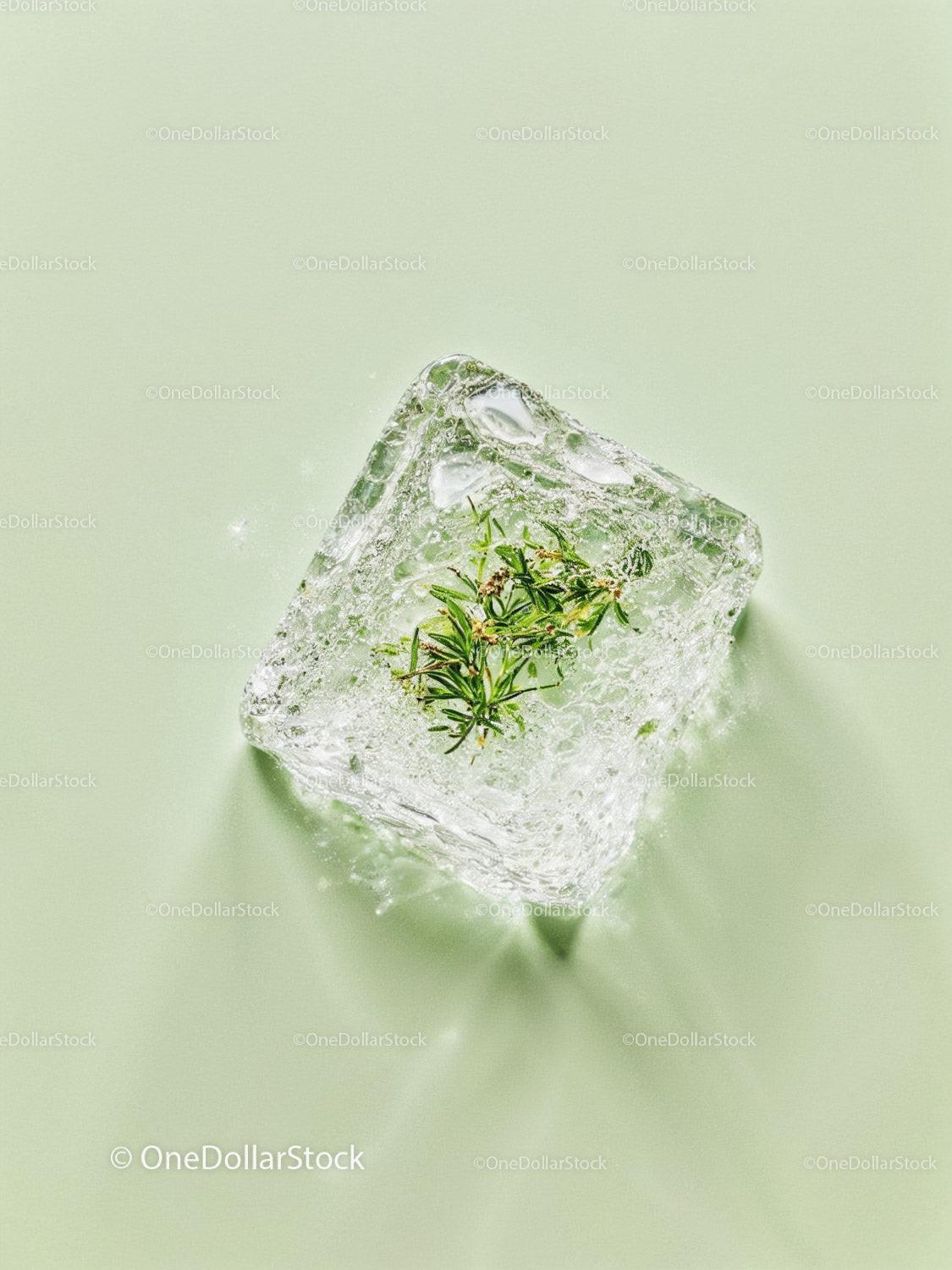 Fresh herb encased in textured ice cube on light surface