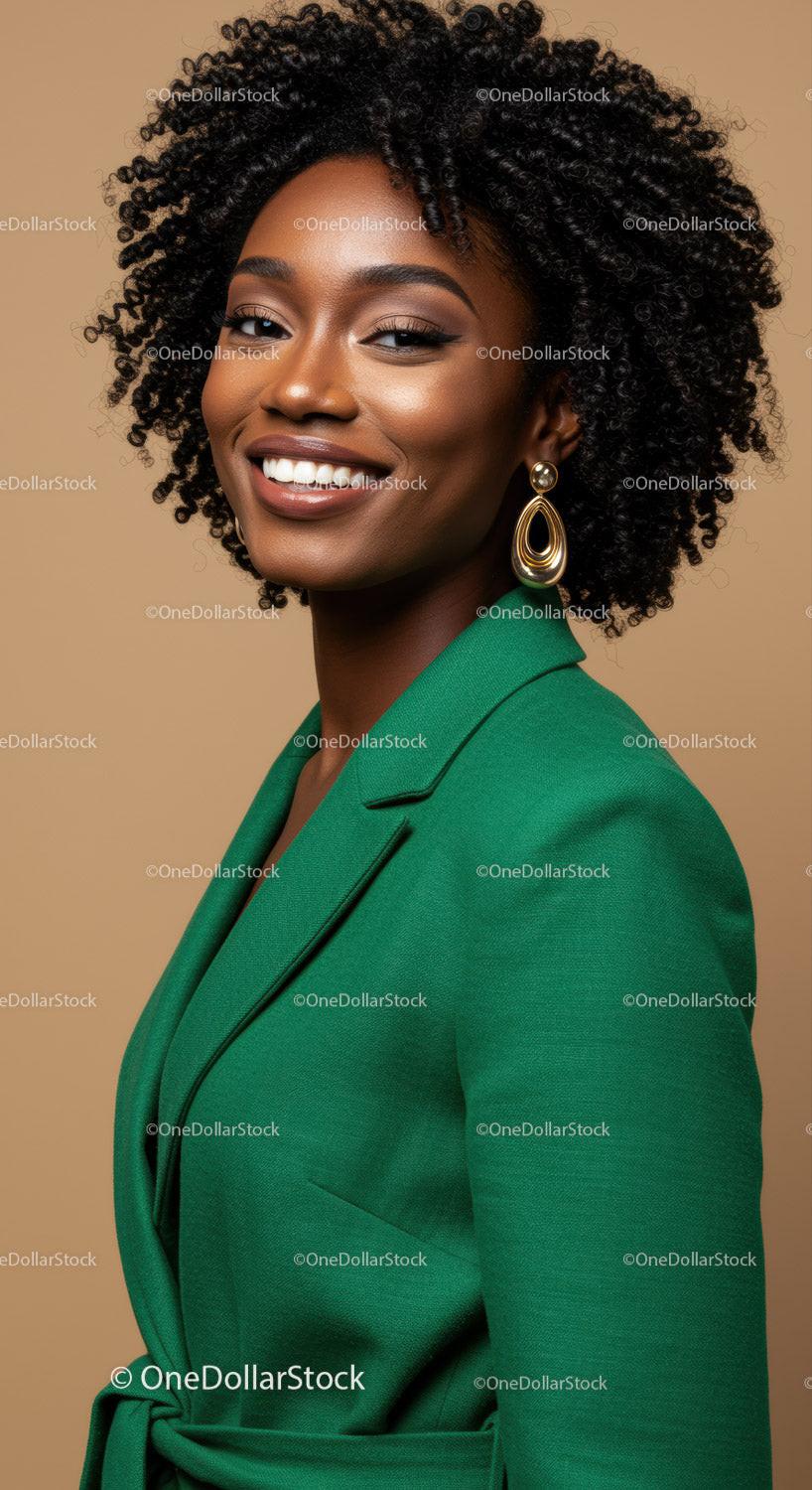 Portrait of a Confident Smiling African American Woman in Green Blazer