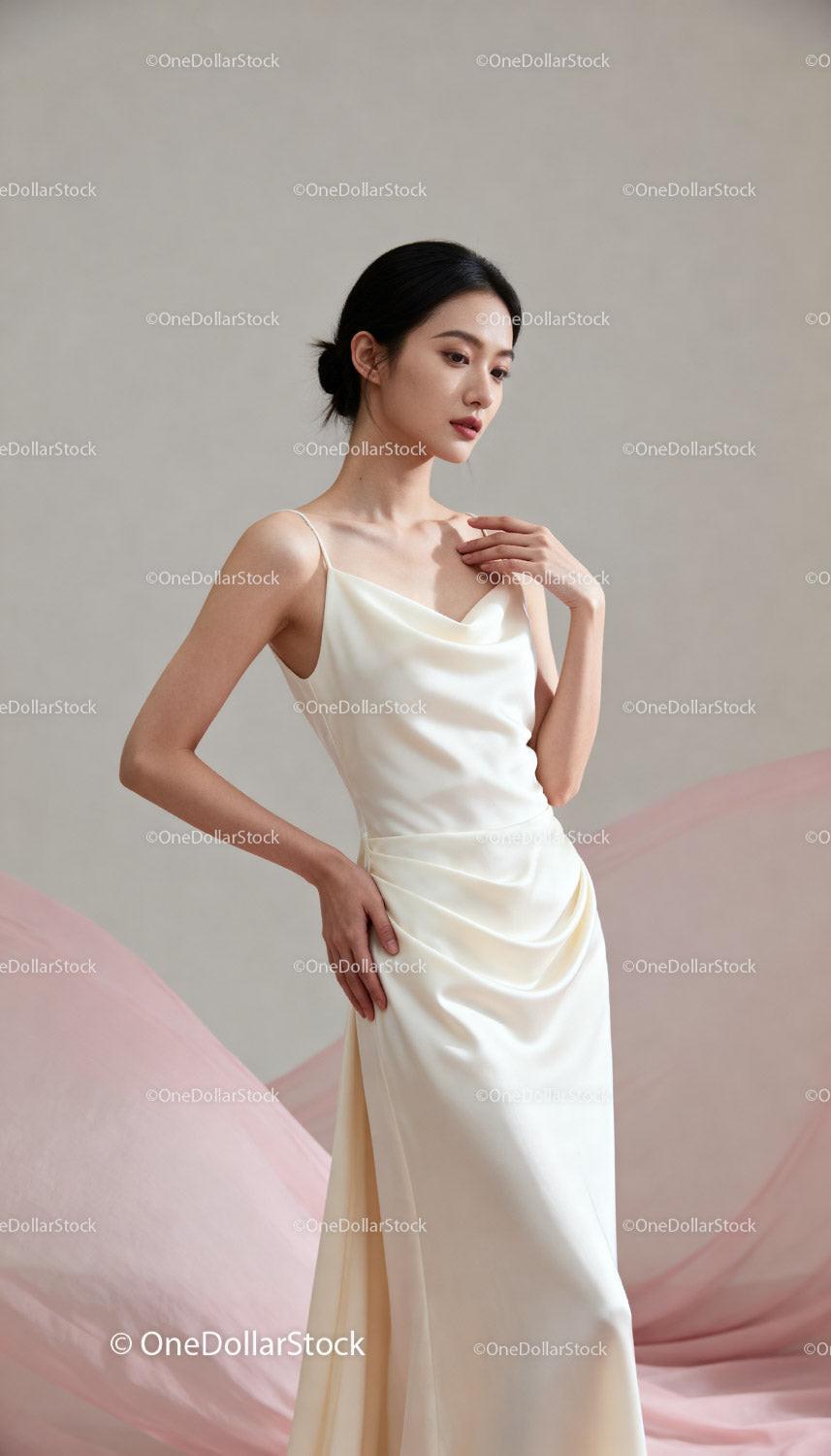 Elegant young woman in silky white gown posing gently