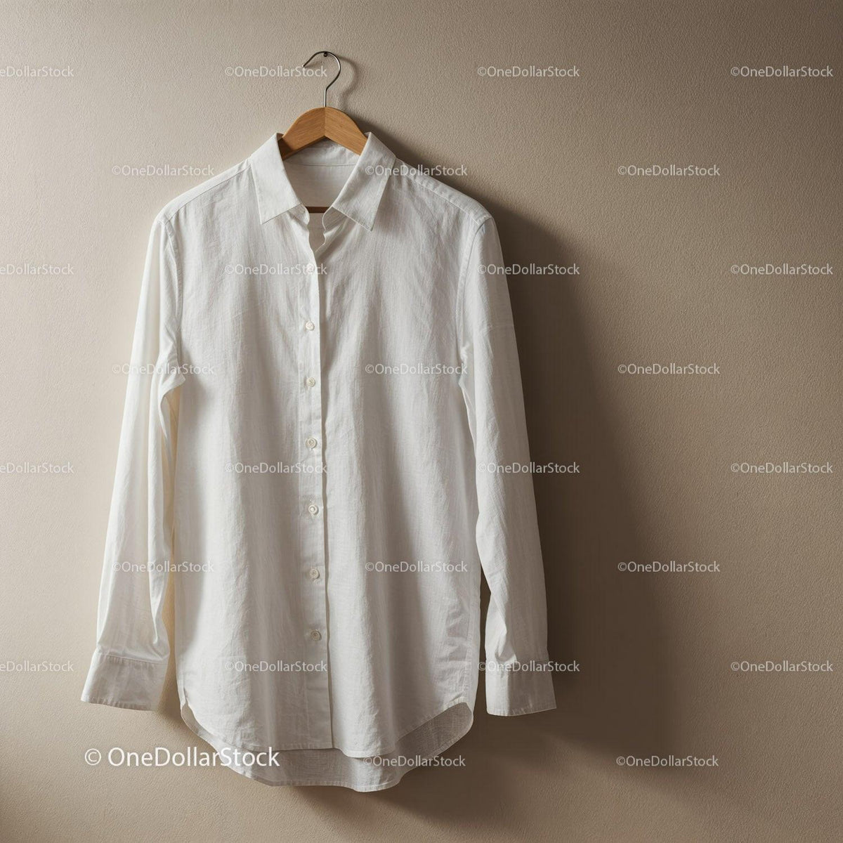 White Casual Shirt Hanging on Wooden Hanger JPG Mockup Image preview