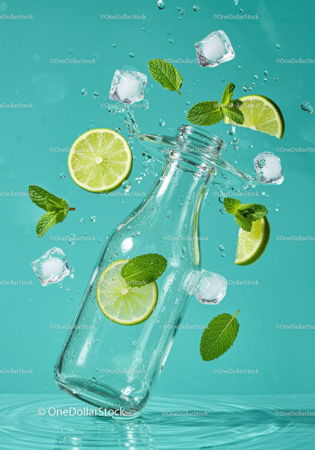Refreshing lime and mint splash with ice cubes in glass bottle