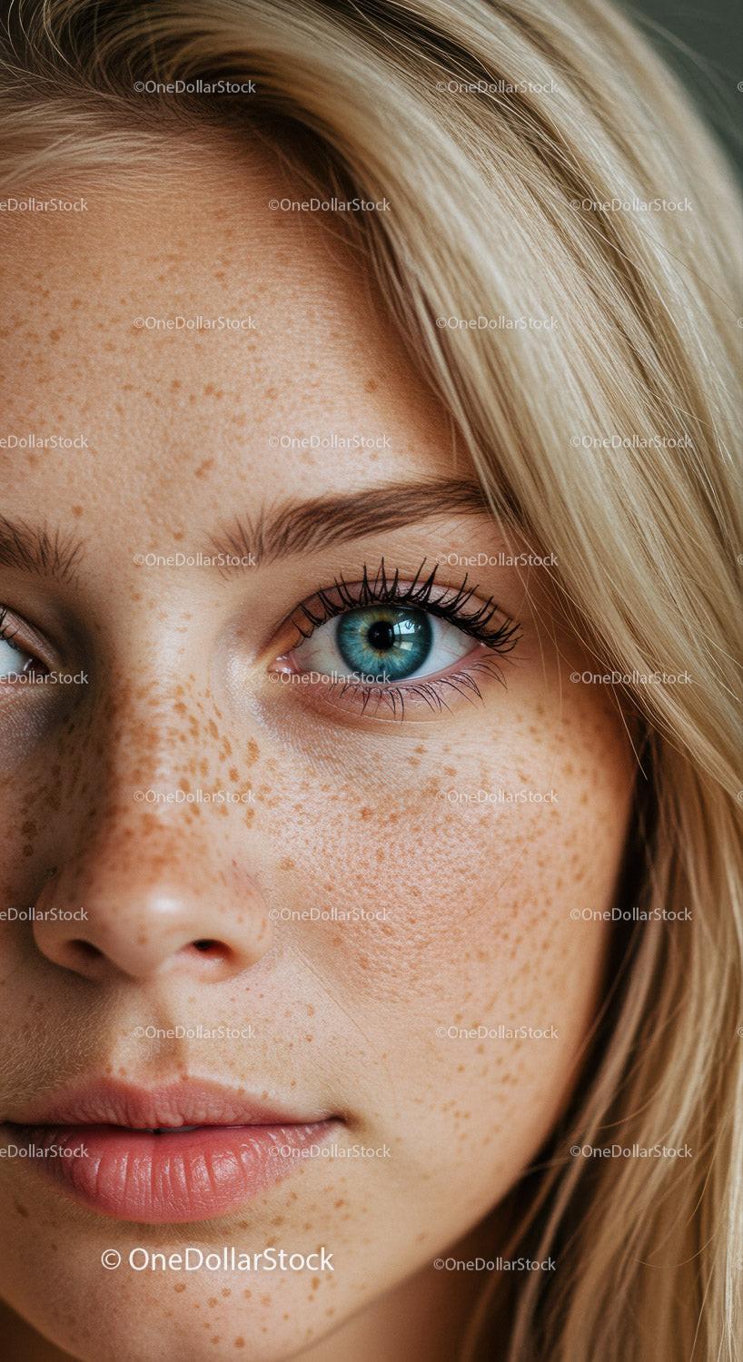Close up of young woman with natural freckles and blue eyes