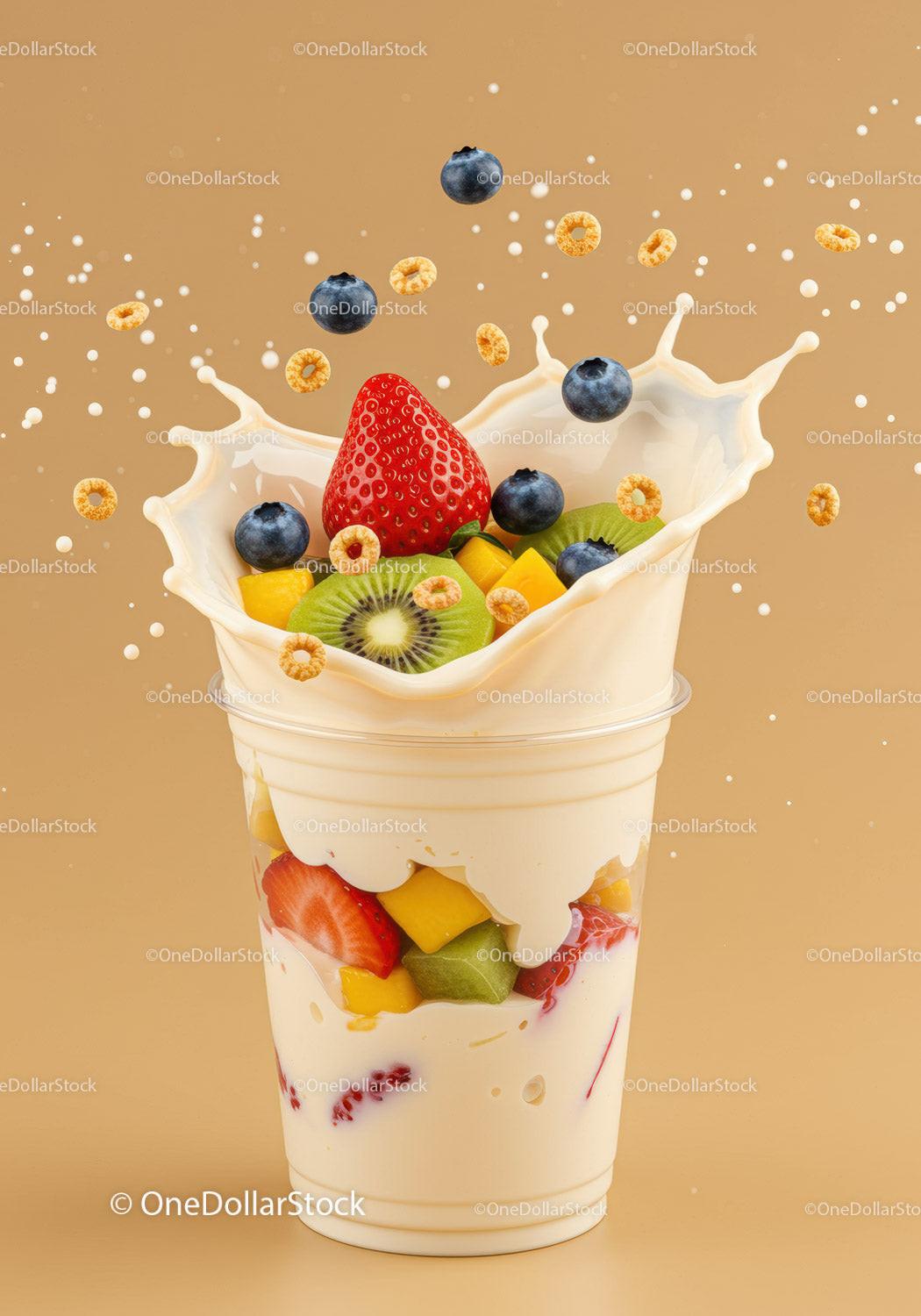 Fresh Fruit and Cereal Splashing Into Yogurt Cup