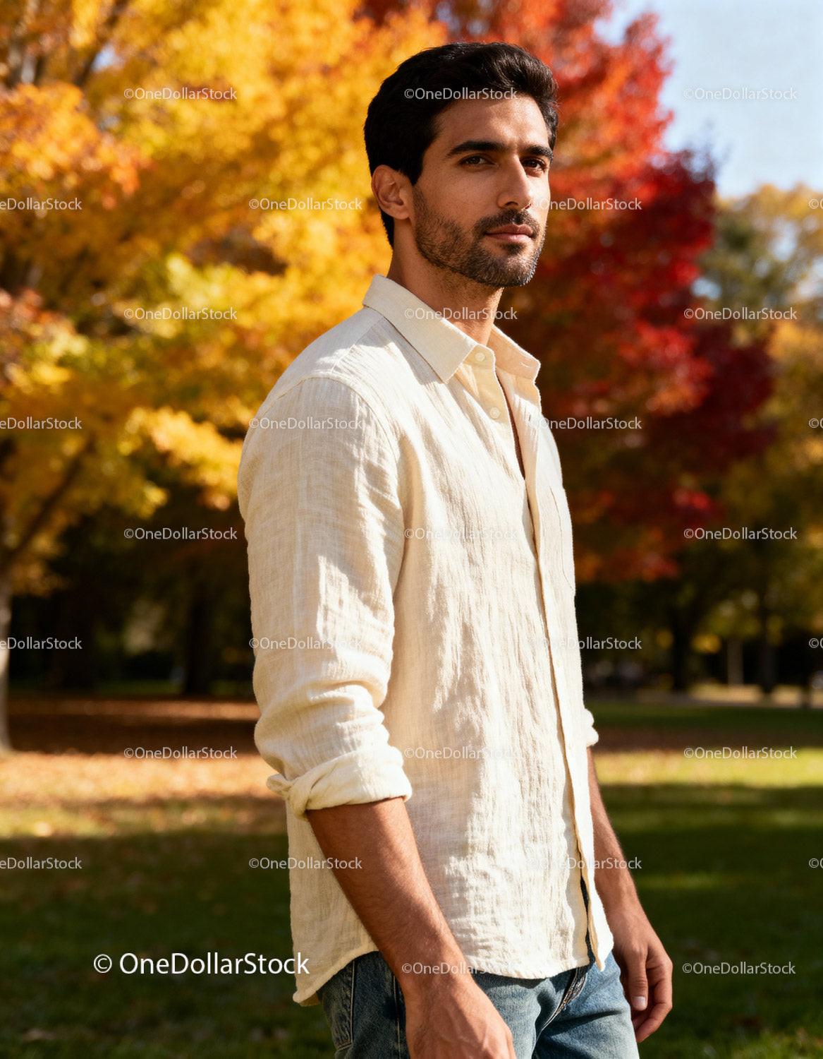 Thoughtful young man standing in autumn park