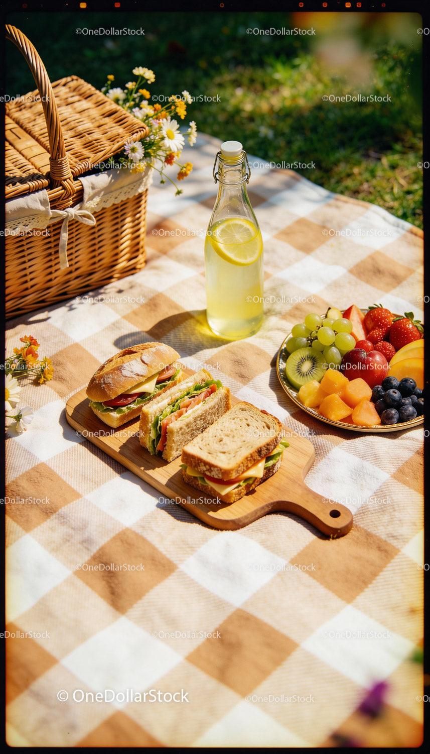 Fresh Picnic Spread with Sandwiches, Fruit, and Lemonade