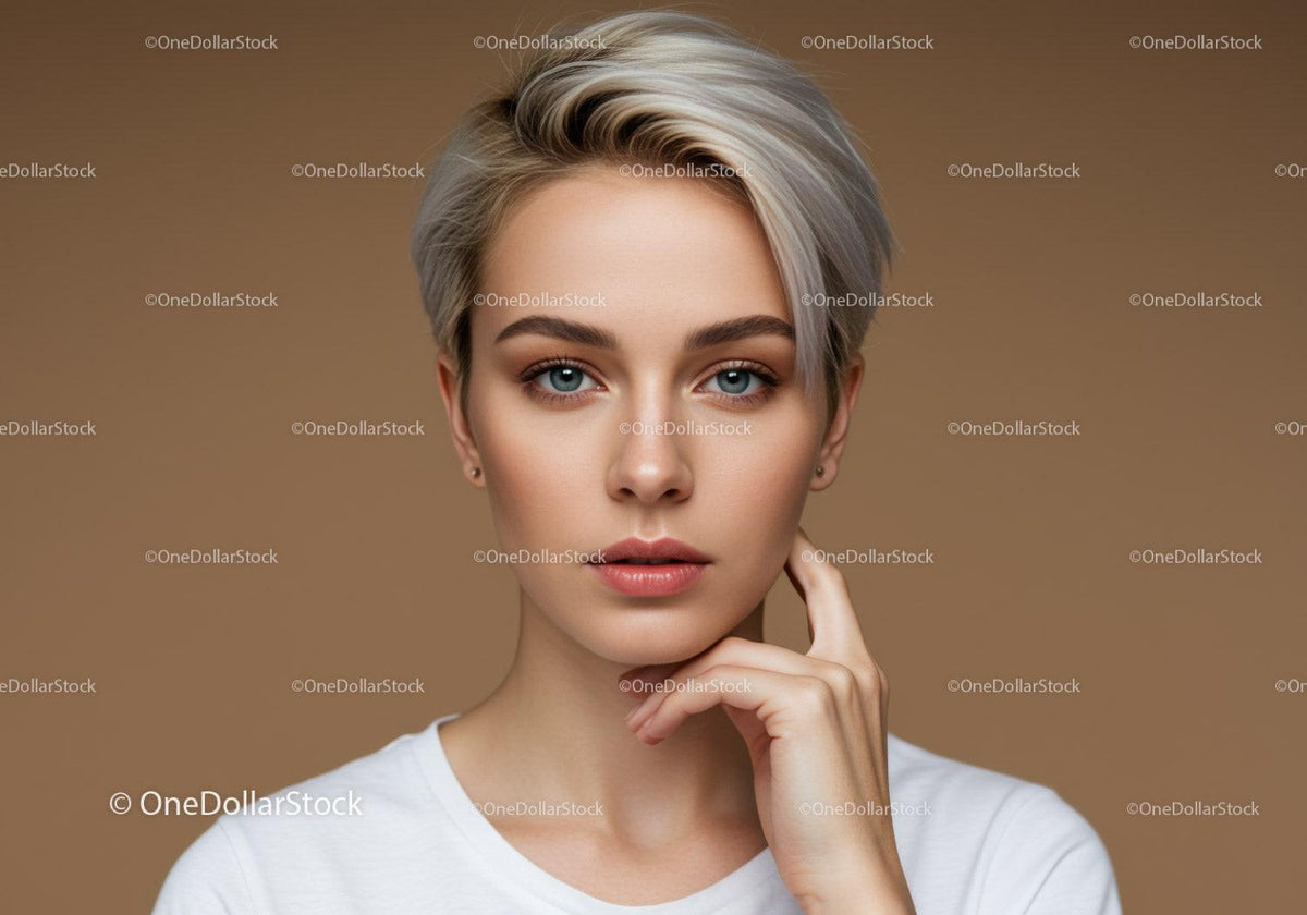Elegant Portrait of Young Woman with Silver Hair and Blue Eyes