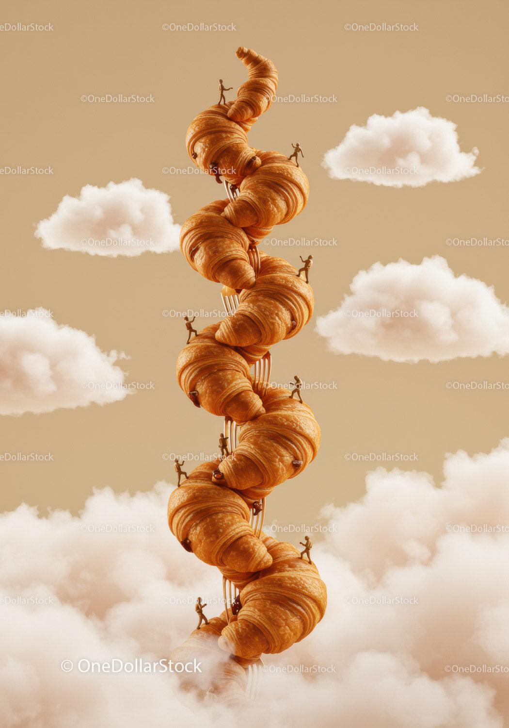 Miniature figures climbing towering croissants in sky