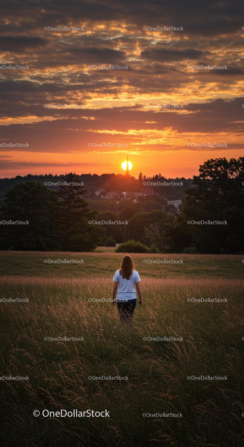 Woman walking in tall grass towards glowing sunset