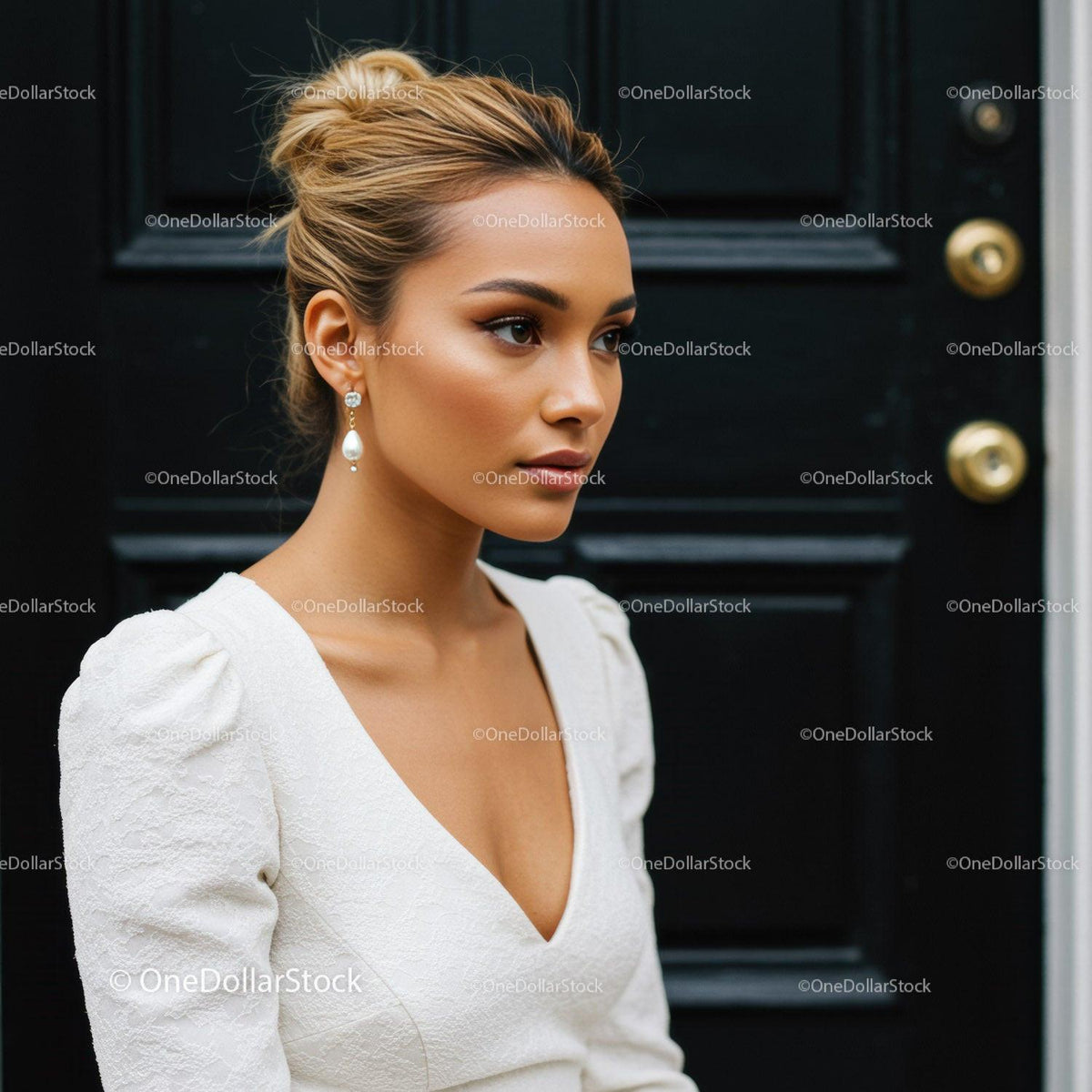 Elegant woman in white dress posing by black door