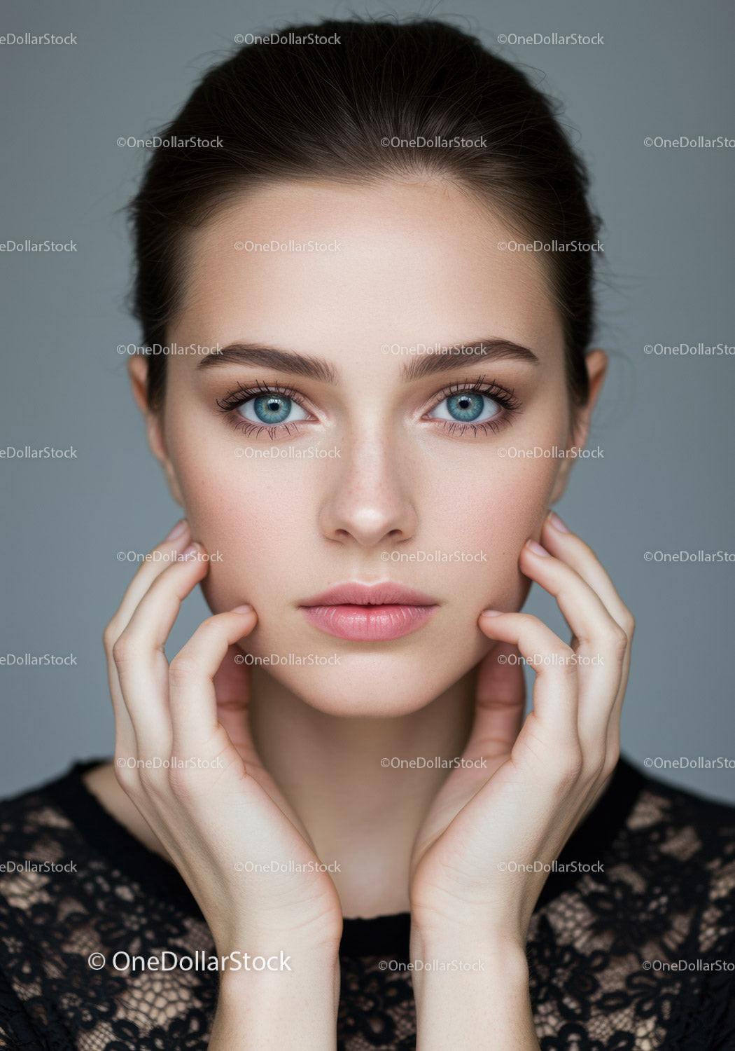 Elegant Portrait of a Young Woman with Blue Eyes and Black Lace Dress