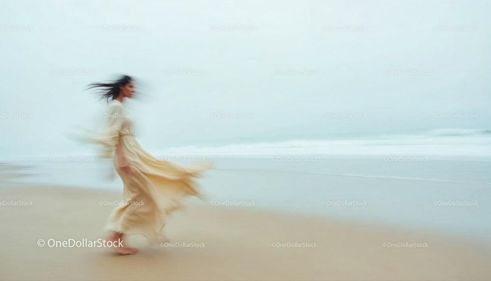 stock photo bundle made with Graceful Woman Walking Along a Serene Beach at Dusk Stock Photo Bundle