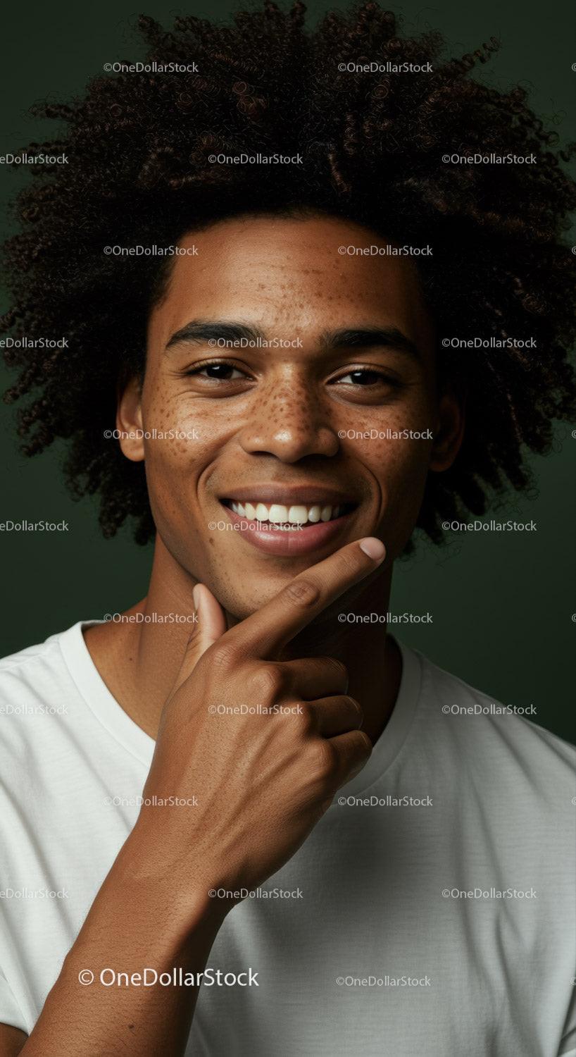 Close-up of Smiling Young Man with Curly Hair and Bright Expression