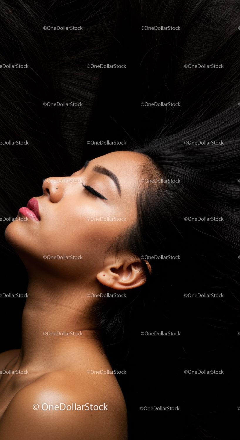 Portrait of peaceful woman with flowing dark hair