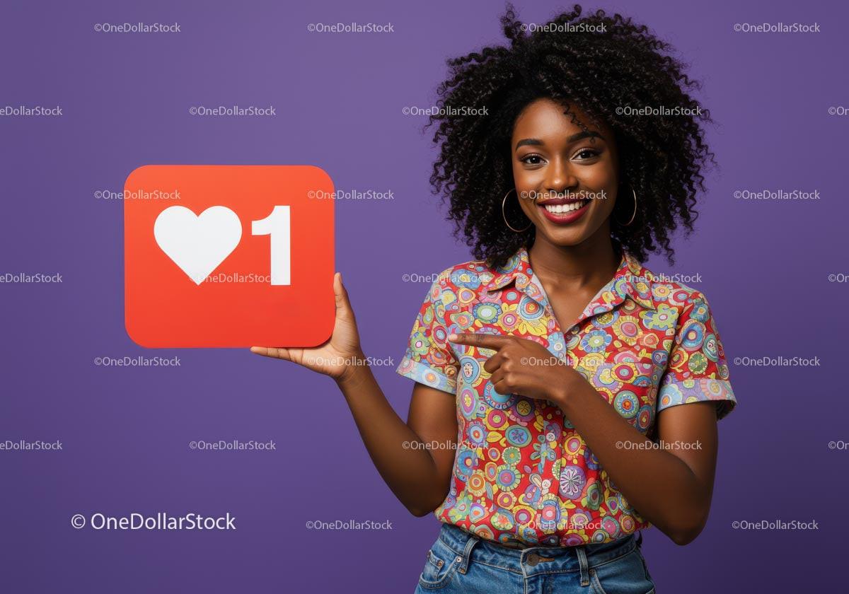 Smiling Woman Holding Heart Sign with Colorful Shirt Against Purple Background Stock Photo Bundle preview 60