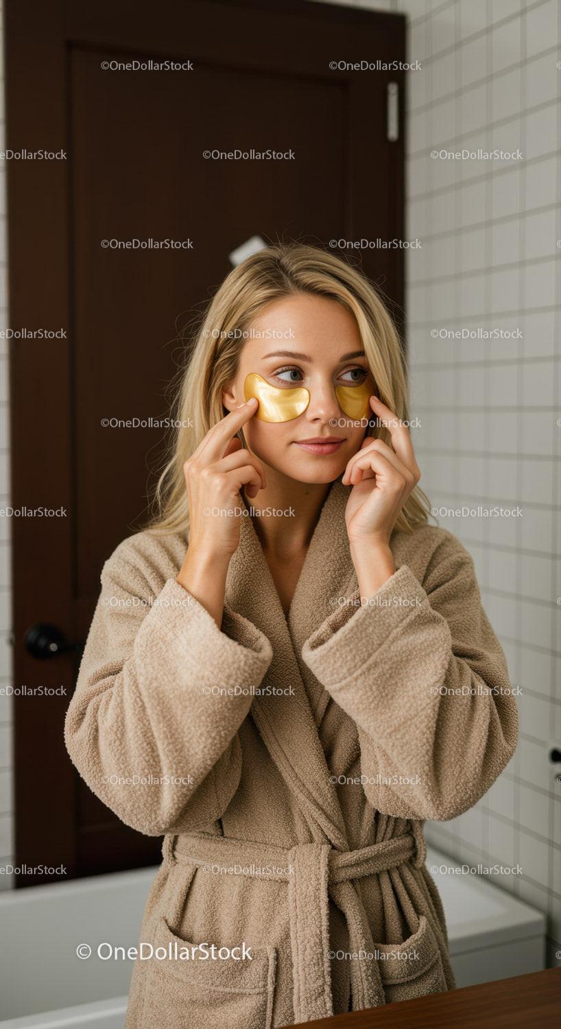 Woman Relaxing with Gold Eye Patches for Skin Rejuvenation and Beauty