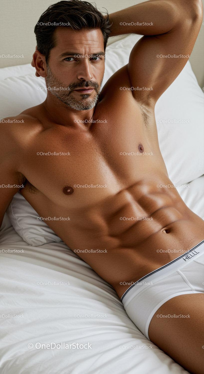 Fit man relaxing on bed in white underwear