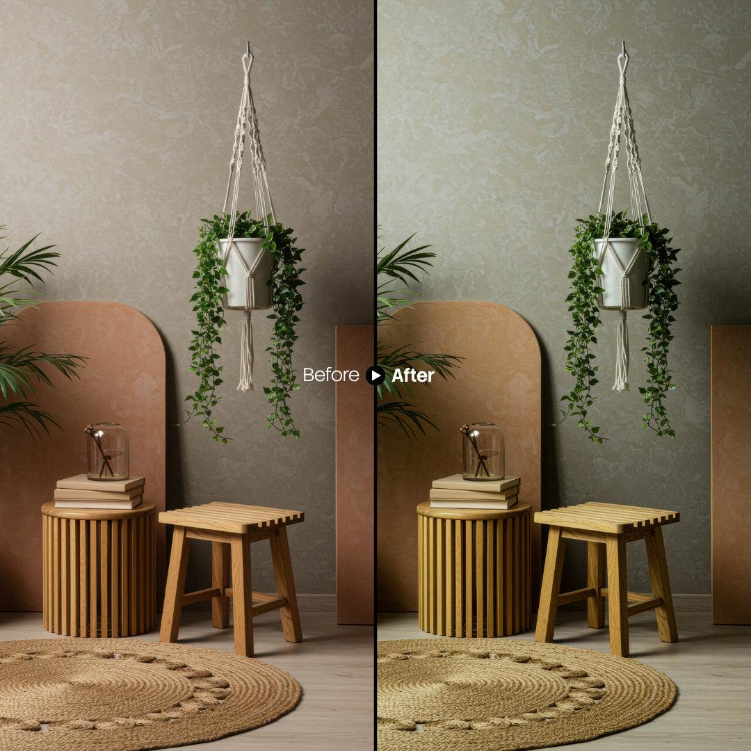 Before and after Modern Interior Editorial Lightroom preset edit