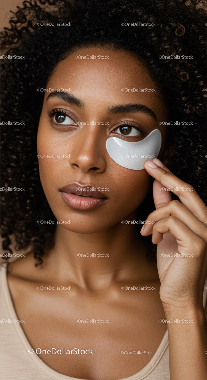 Beautiful Woman with Curly Hair Applying Eye Patch for Skincare Treatment