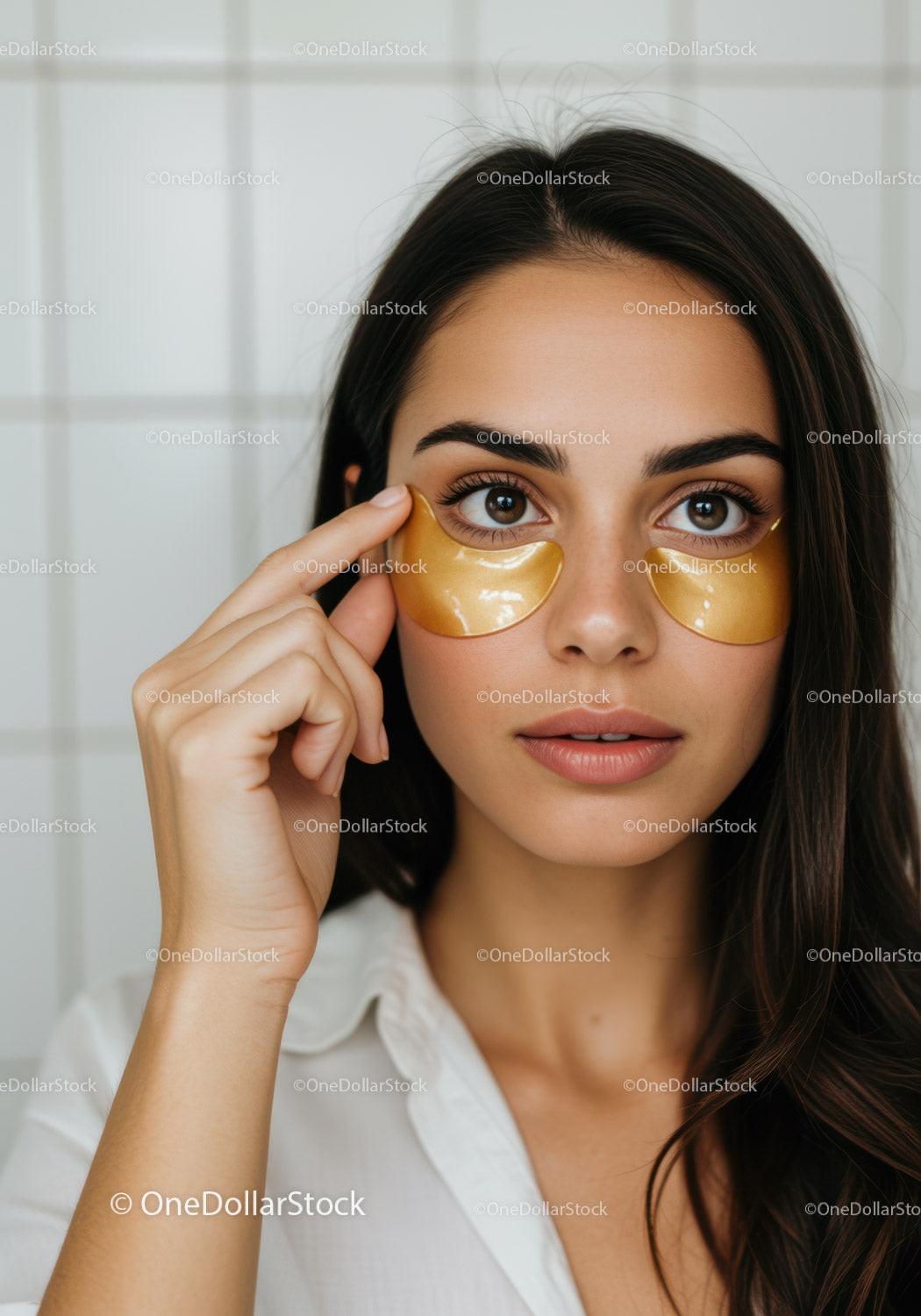 Woman Applying Gold Under Eye Patches for Skin Rejuvenation