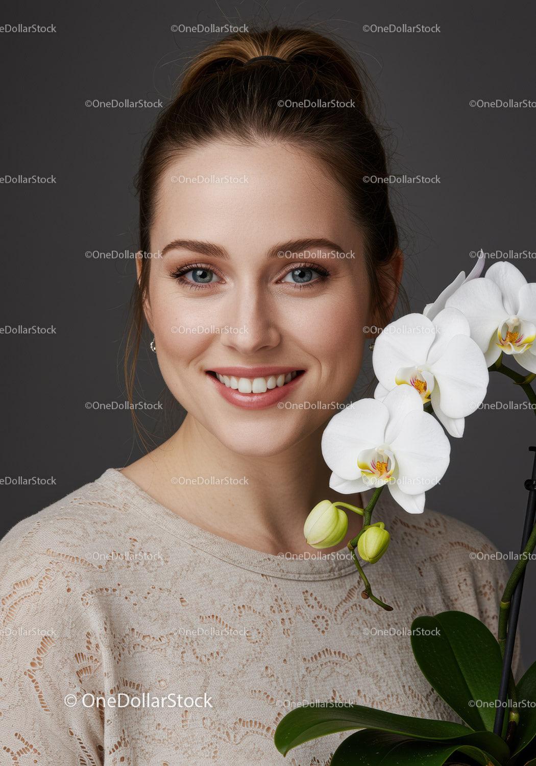 Beautiful Young Woman with White Orchid Flowers and Bright Smile