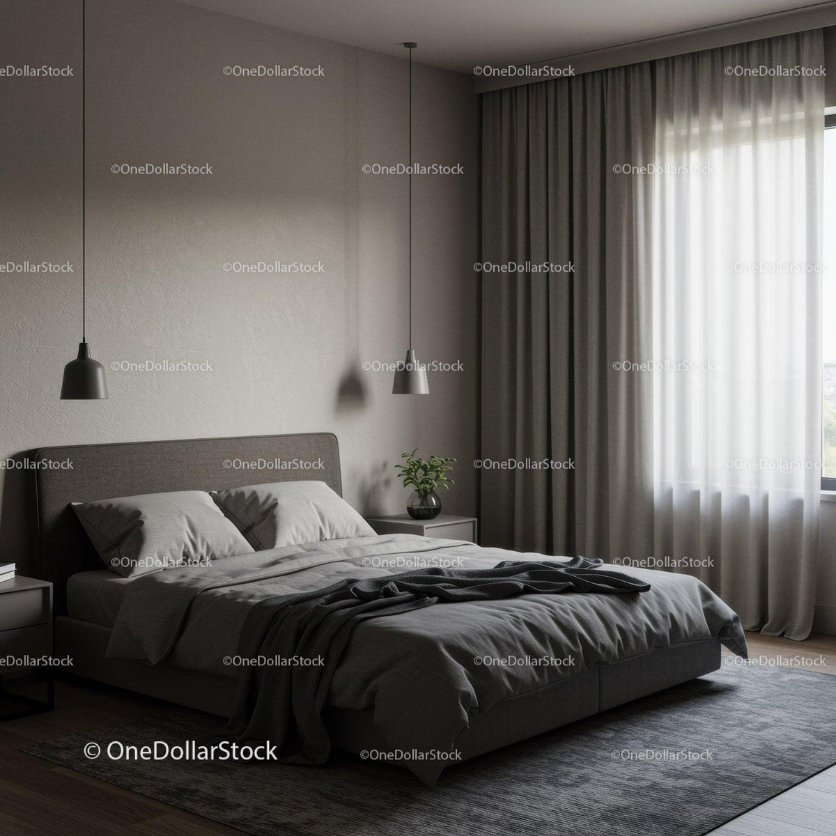 Modern Bedroom with Gray Bedding and Elegant Curtains