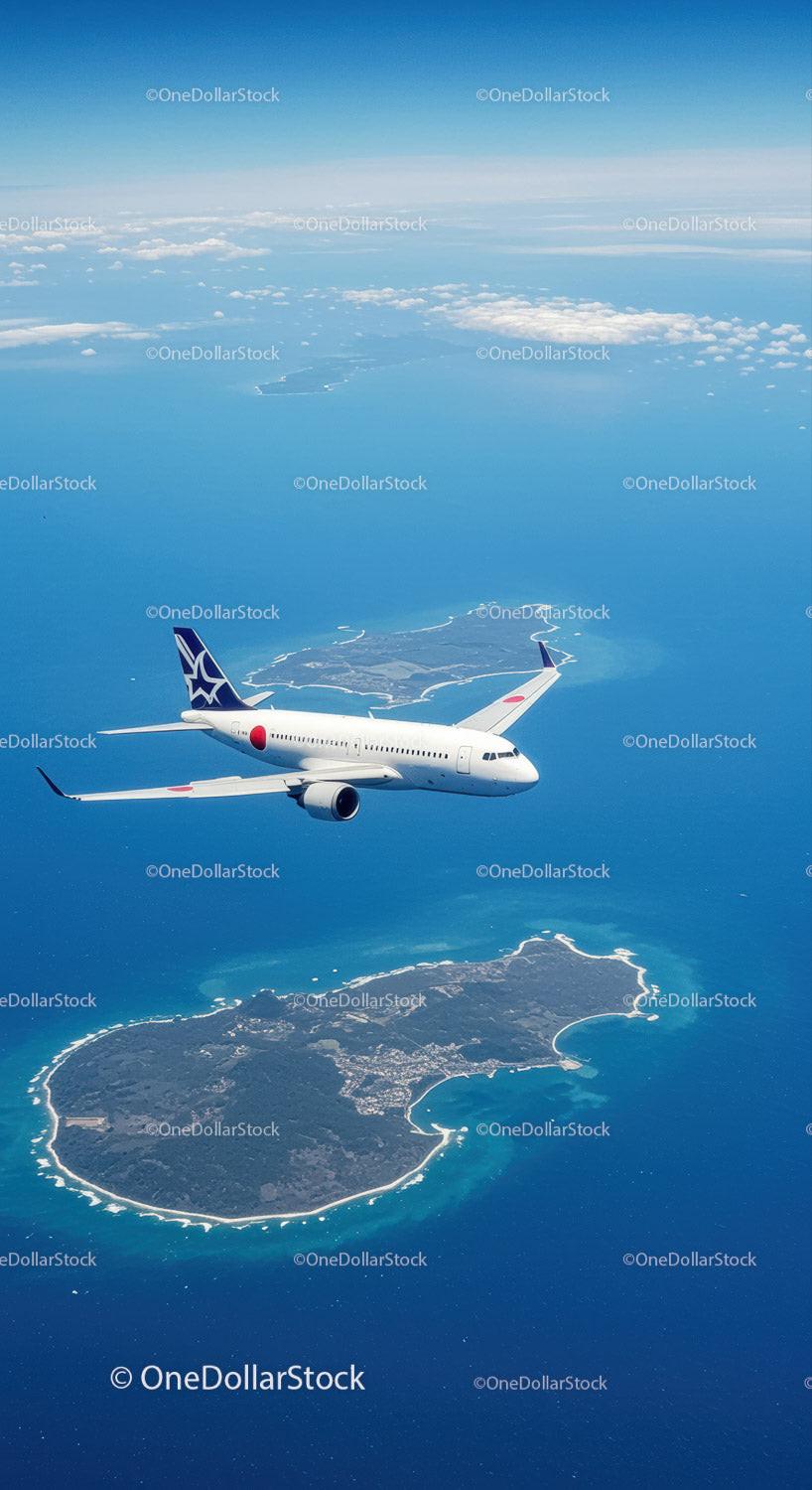 Passenger Jet Flying Over Island with Ocean and Cloudscape