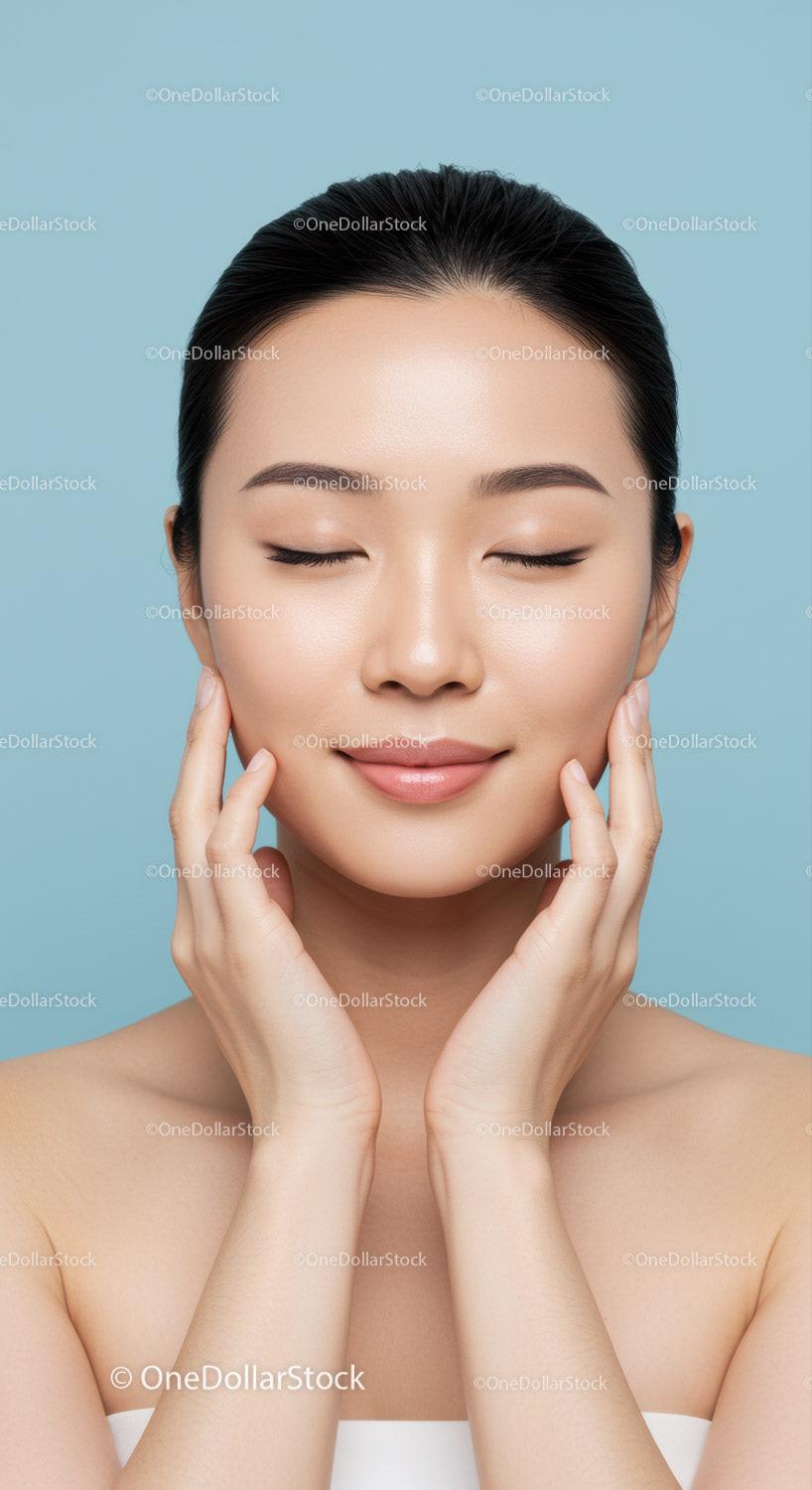 Elegant Woman with Clear Skin with Closed Eyes and Gentle Smile