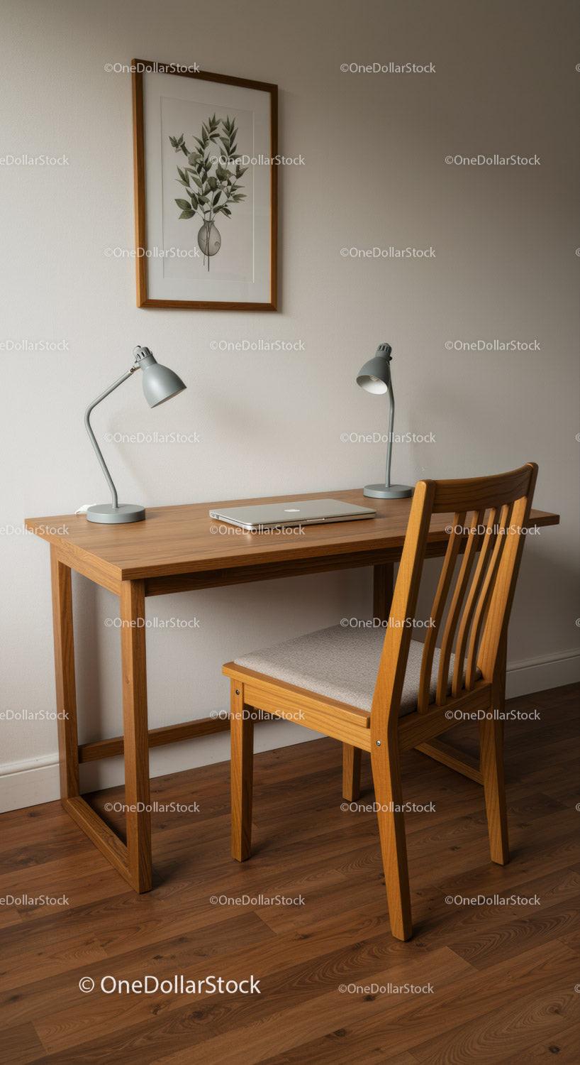Modern Home Office Workspace with Wooden Desk and Stylish Lighting