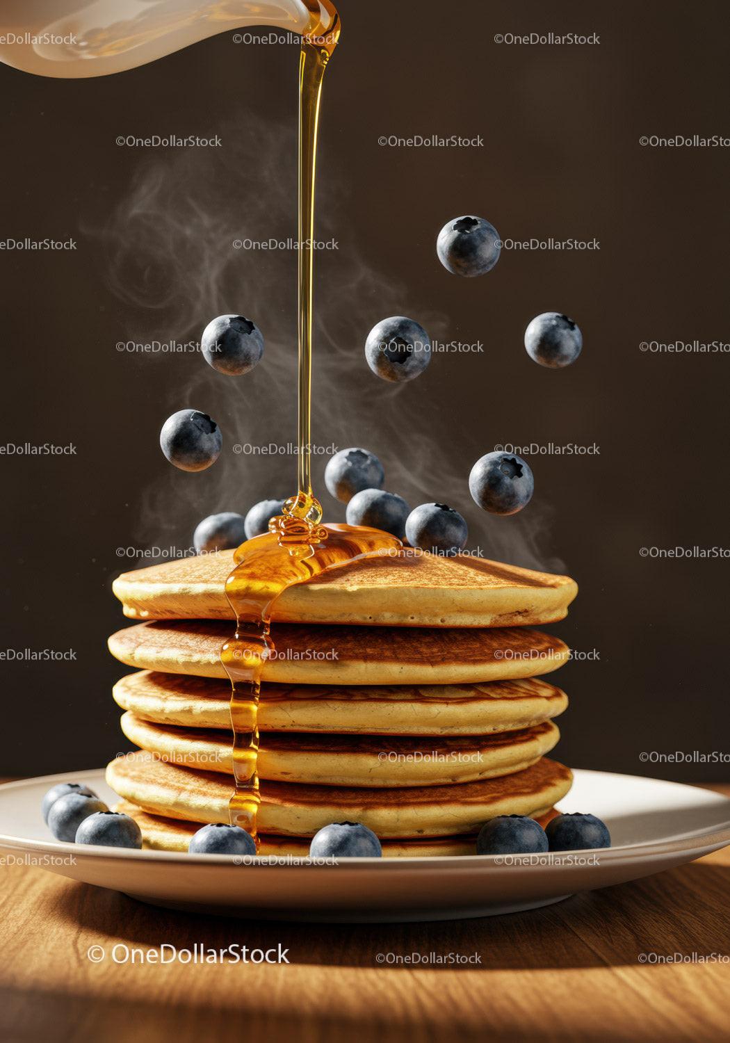 Stack of golden pancakes with dripping syrup and blueberries