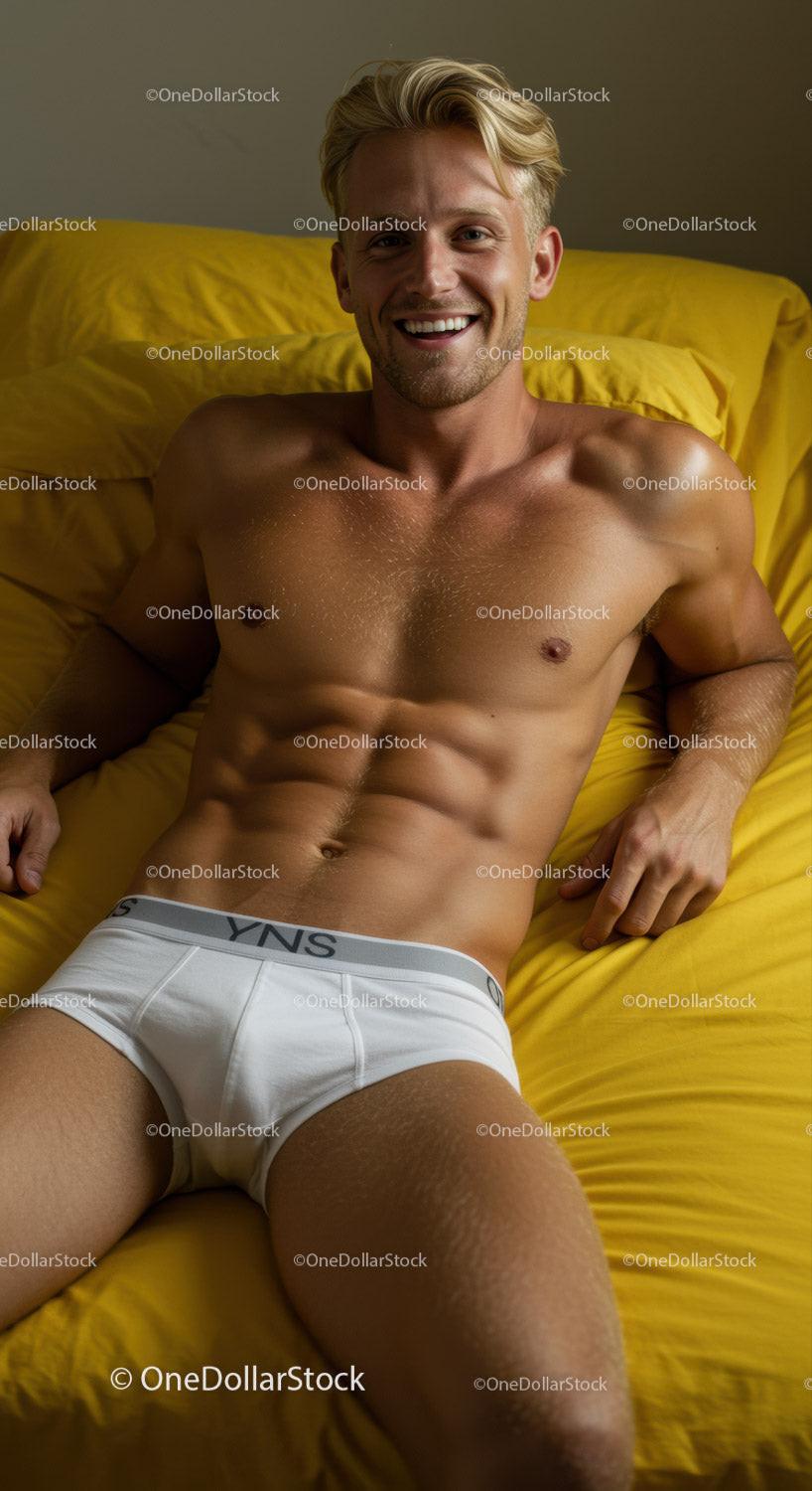 Relaxed young man smiling on yellow bed in white briefs