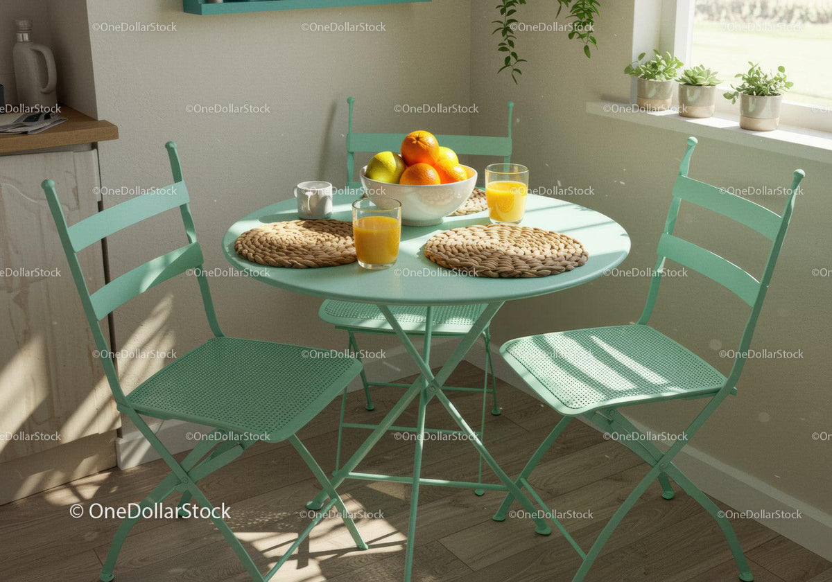 Cozy breakfast nook with mint green table and chairs