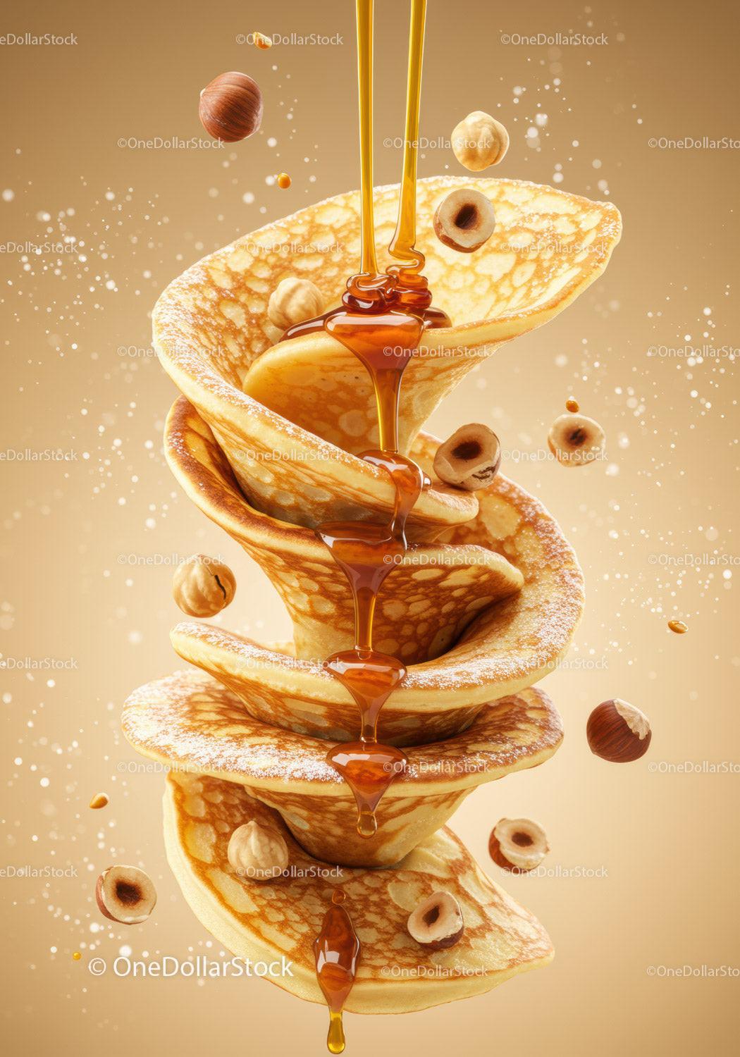 Stack of Folded Pancakes with Honey and Hazelnuts
