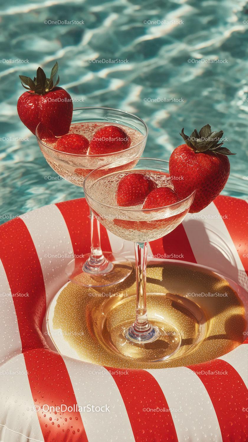 Strawberry Cocktails on Pool Float with Water in the Background