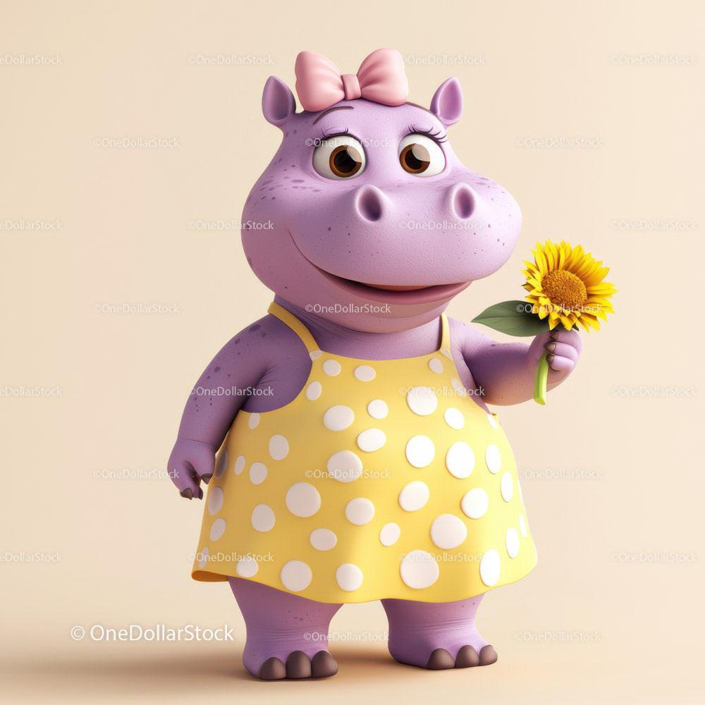 Cute Cartoon Hippo Holding Sunflower in Yellow Dress for Kids Illustration Stock Photo Bundle preview 33
