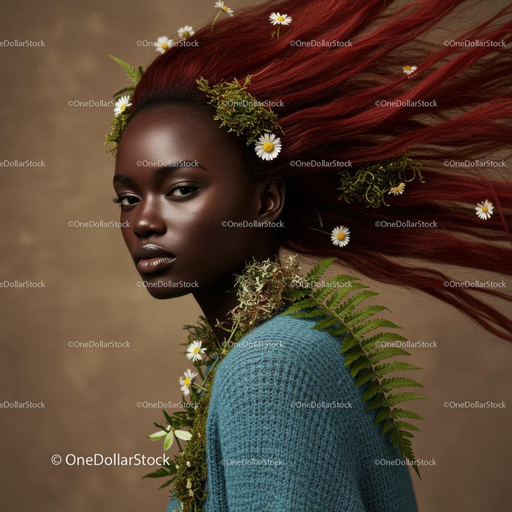 Vibrant Red-Haired Woman with Flowers and Ferns in Artistic Portrait