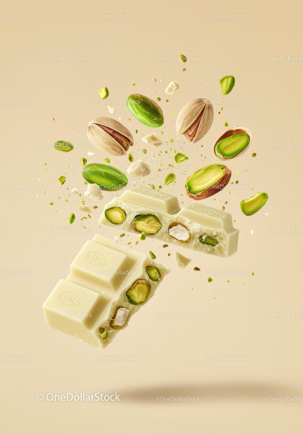 White chocolate bar with scattered pistachio nuts