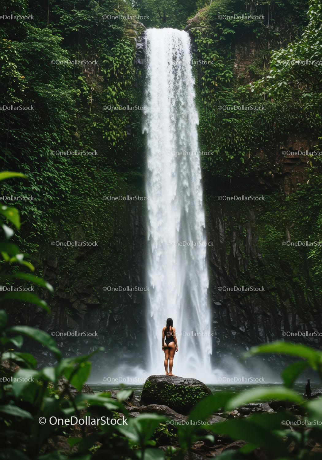 Woman in swimsuit standing beneath a towering waterfall in lush jungle