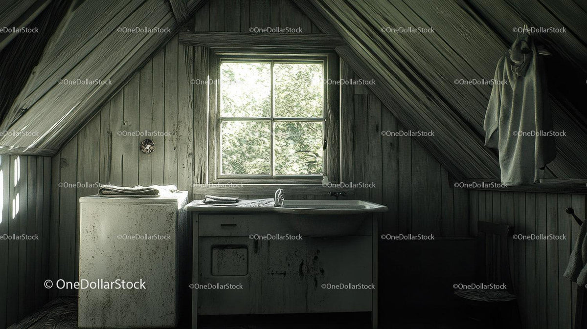 Rustic attic laundry area with washing machine, metal sink, window, and hanging white cloth