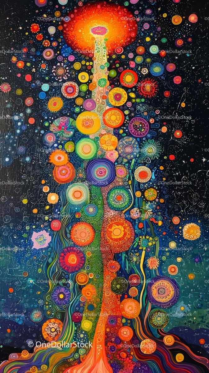 Colorful Psychedelic Artwork with Cosmic and Abstract Floral Elements