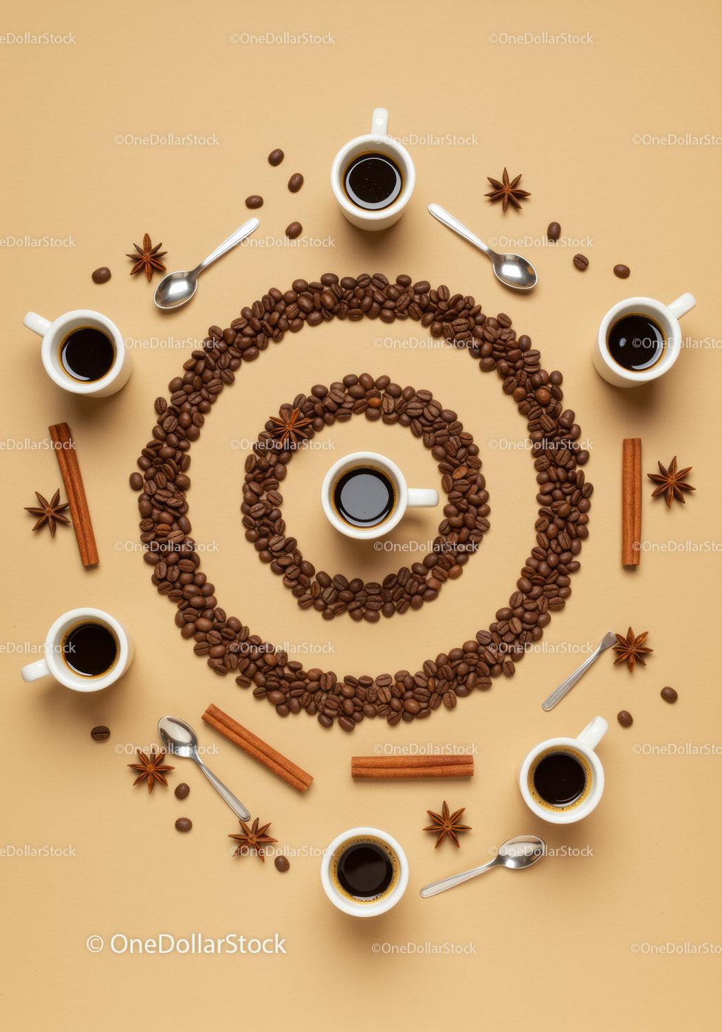 Top view of black coffee cups with coffee beans spiral