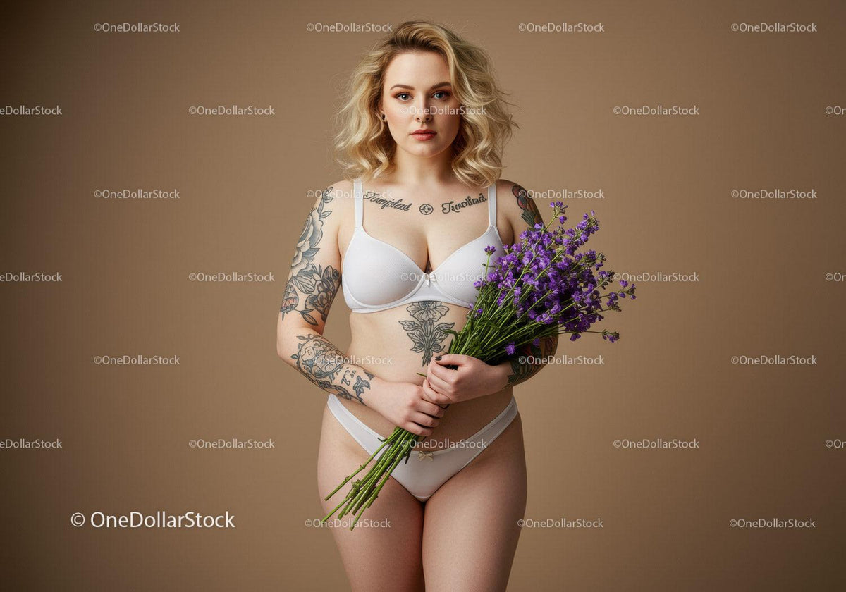Beautiful Tattooed Woman in White Lingerie Holding Purple Flowers with Beige Background