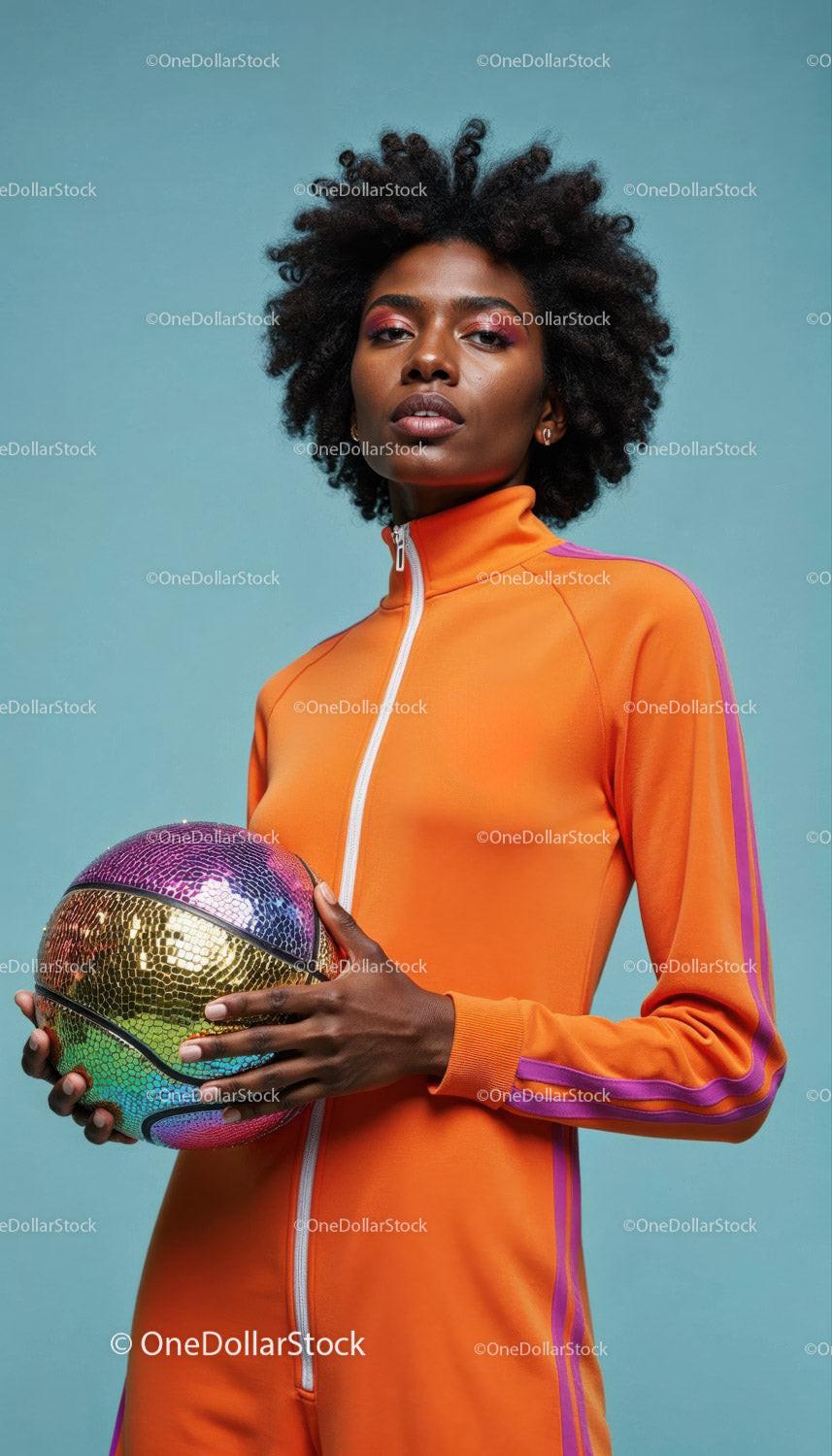 Stylish African American Woman in Orange Tracksuit Holding Basketball
