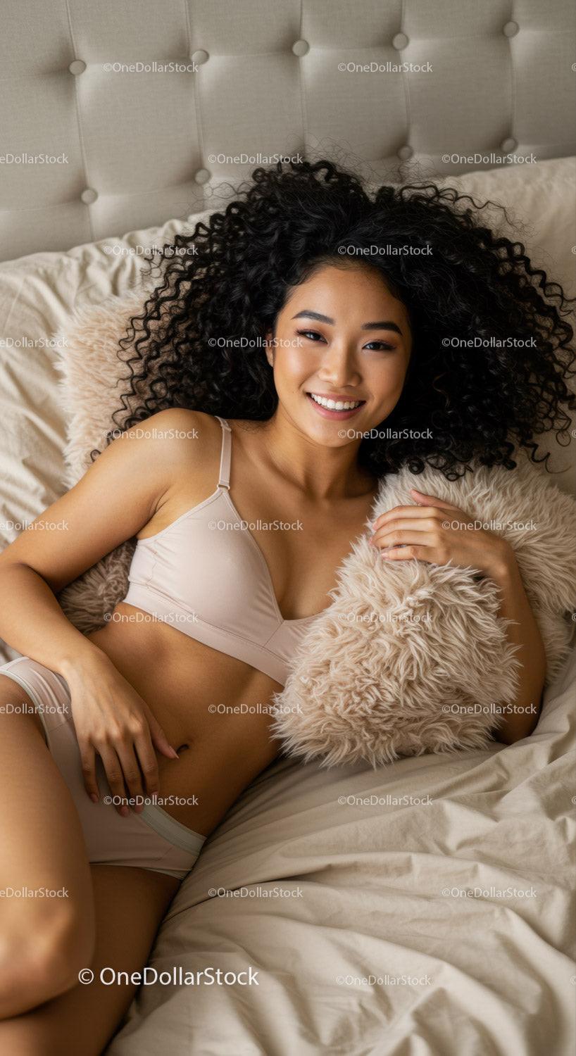 Smiling woman relaxing on bed with cozy pillow