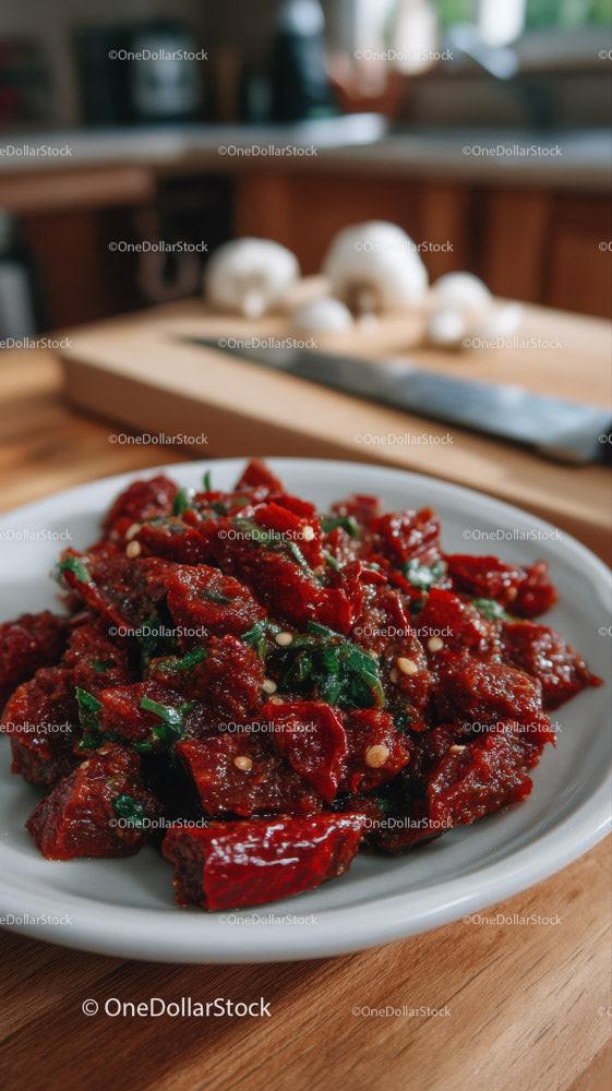 Spicy Beef Chili with Fresh Herbs on Wooden Table