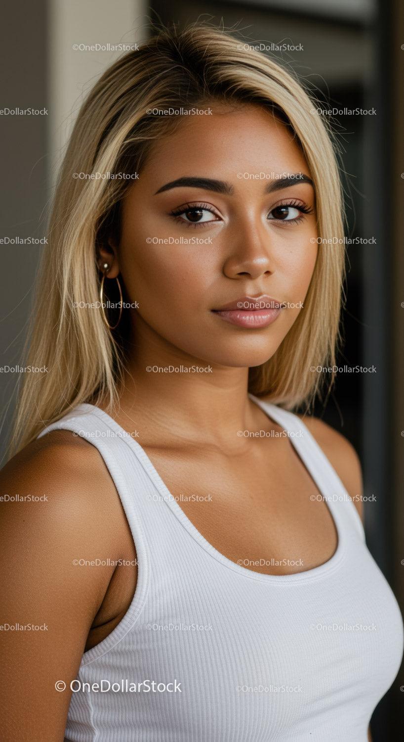 Young woman with blonde hair in white tank top