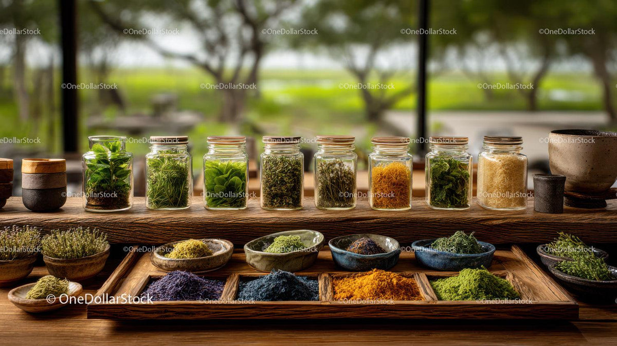 Colorful Collection of Dried Herbs and Spices in Jars for Tea