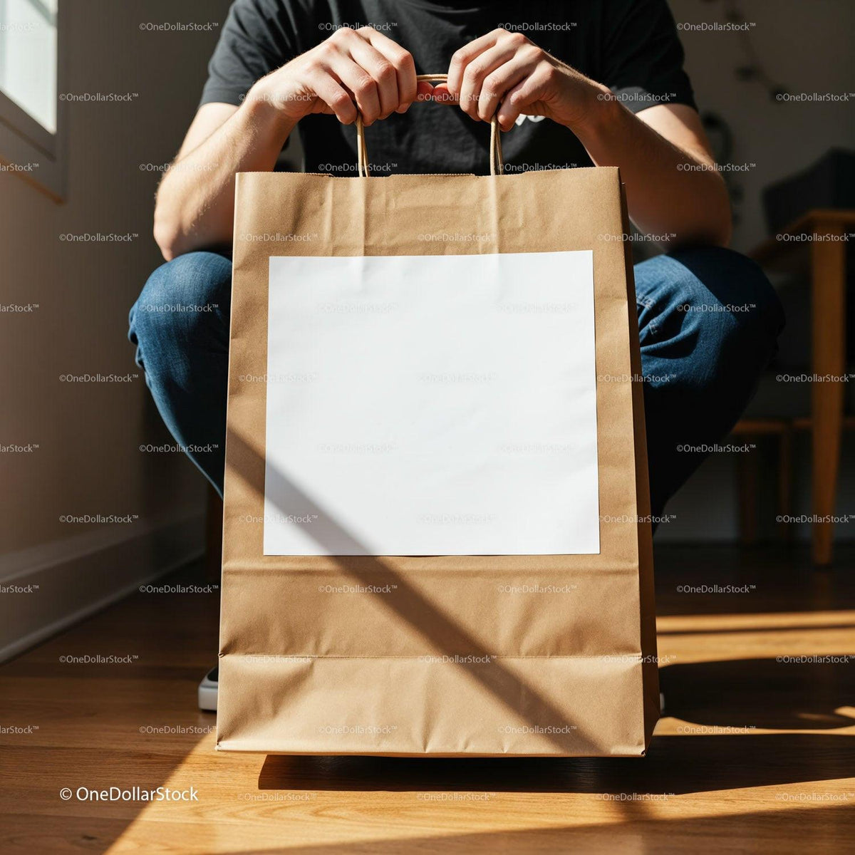 Man Holding Large Paper Shopping Bag Indoors by Window JPG Mockup Image preview