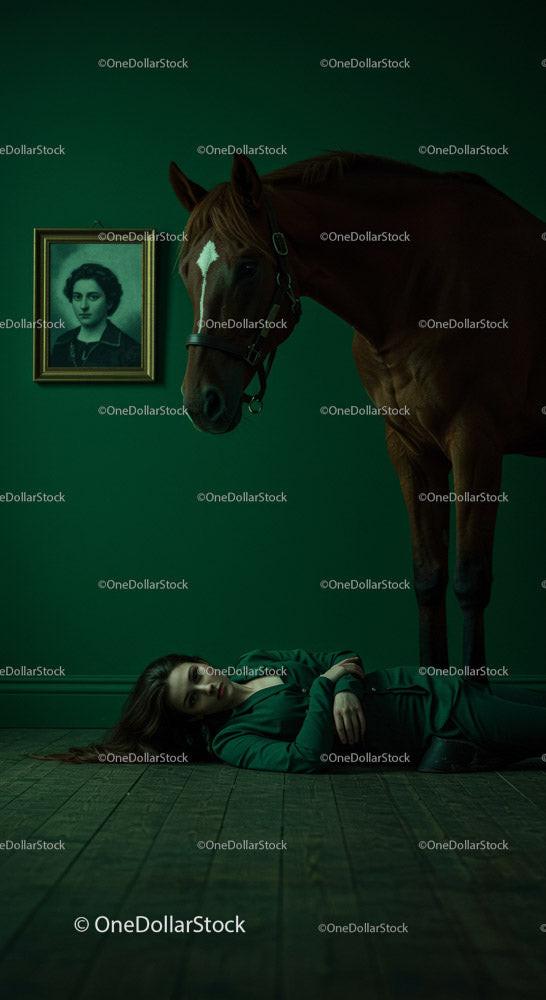 Woman Lying on Floor Beside a Horse in Dramatic Green Room Stock Photo Bundle creative preview 4
