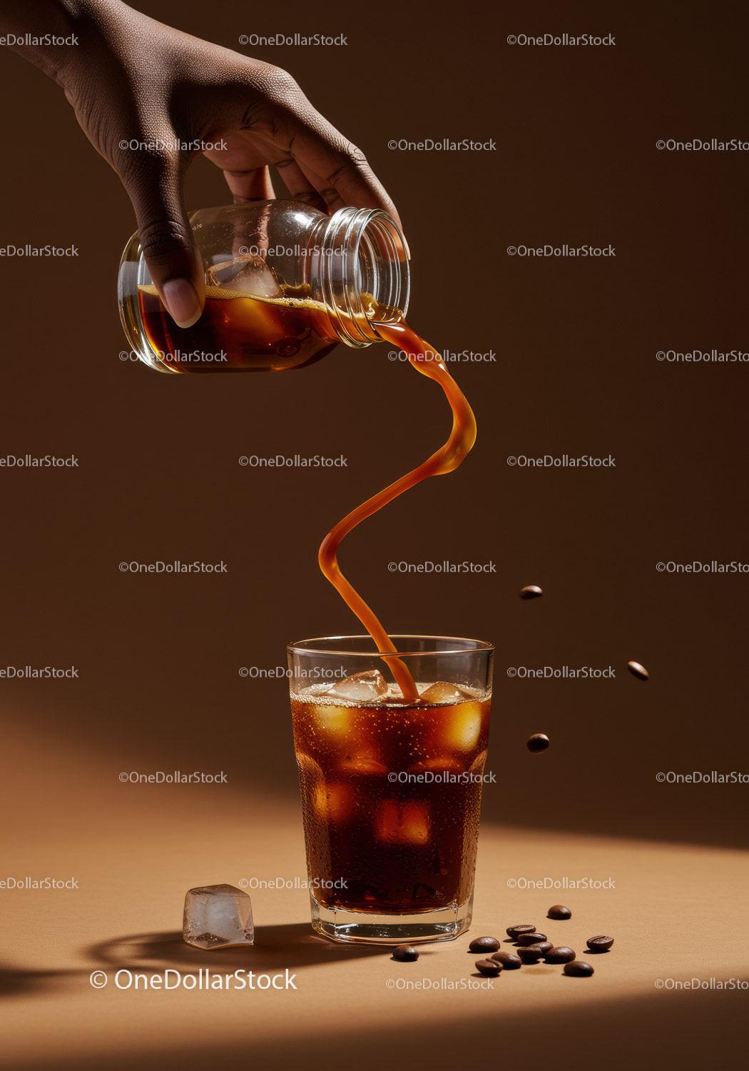Pouring Iced Coffee Into Glass with Coffee Beans